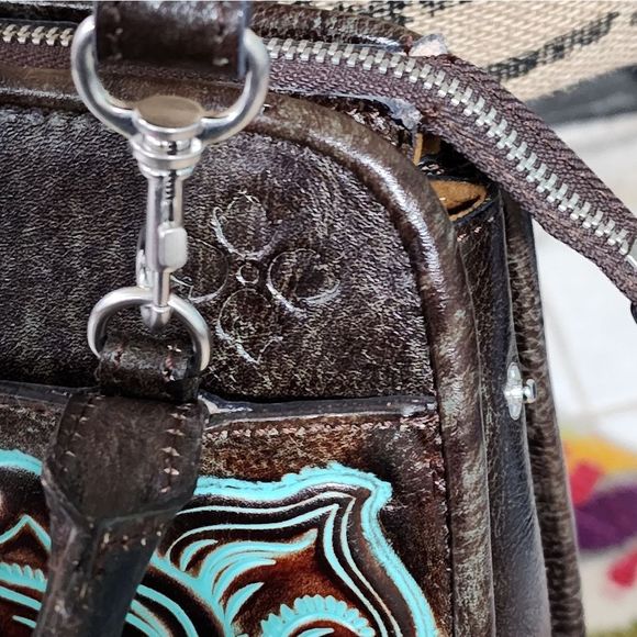 Patricia Nash Paris Satchel Tooled Turquoise Brown Leather P018133 New - Picture 8 of 16